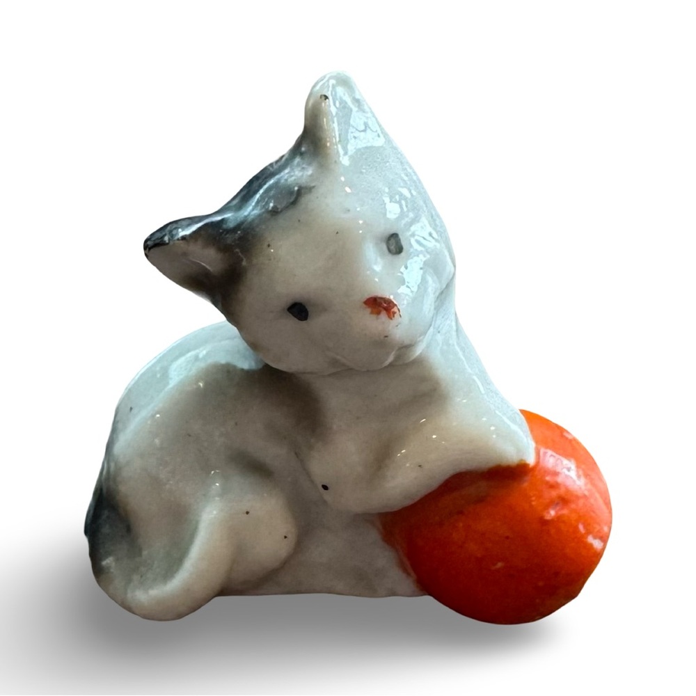 Vintage Kitschy Kitten Figurine with Orange Ball
